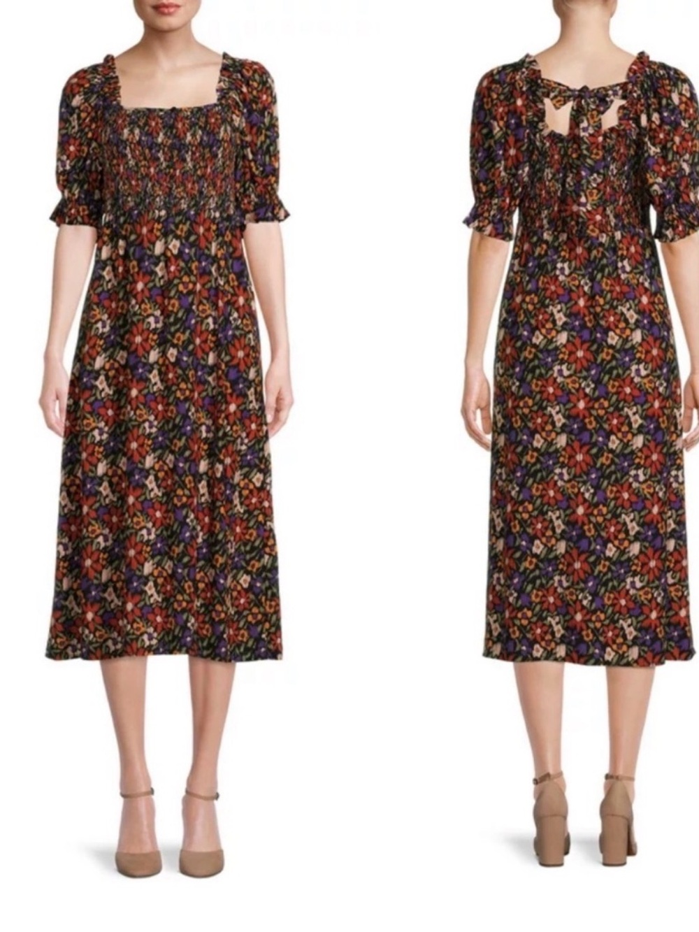 ✨ Beach Lunch Lounge Cataleya Floral Smocked Midi Dress Square Neck Size Medium
